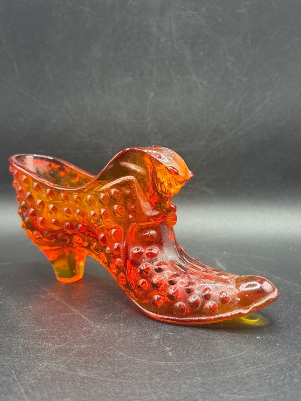 Fenton Amberina Hobnail Cat Head Glass Shoe Boot Collectible Cottagecore Decor